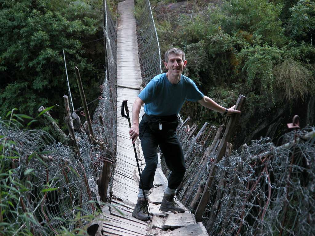 Manaslu 05 03 Crossing Buri Gandaki On A Leaning Bridge On the way to Deng, I crossed the Buri Gandaki three times, the last on this slightly leaning bridge.